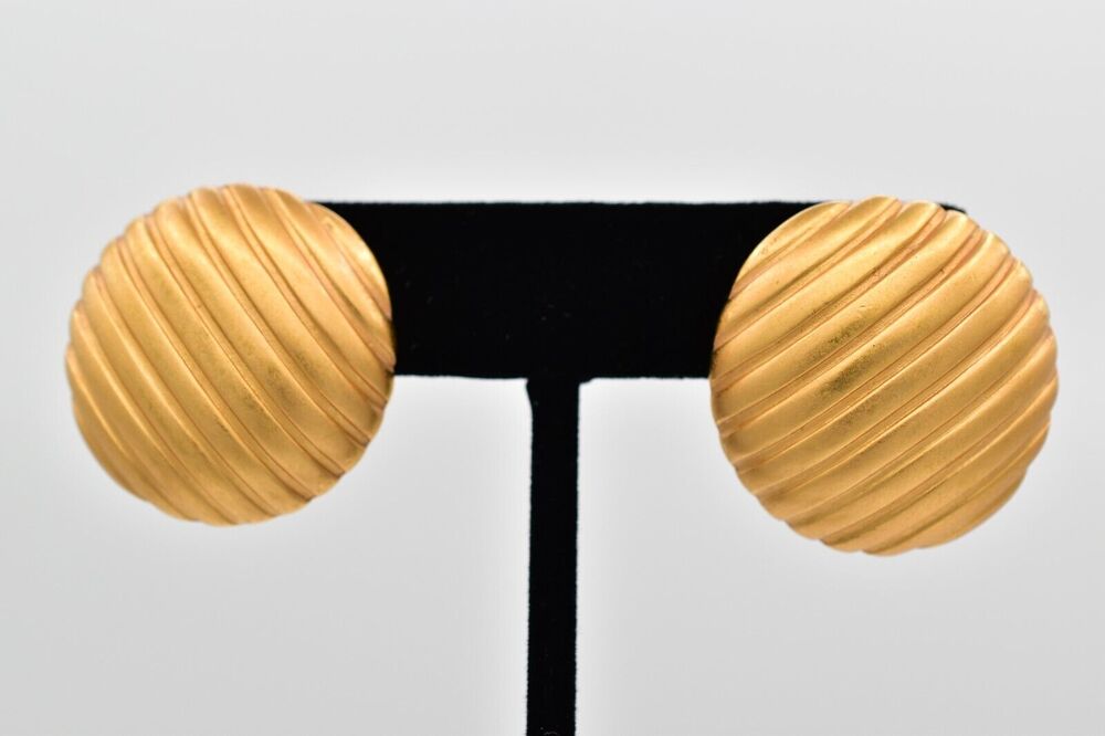 Monet VIntage Round Earrings Brushed Gold Ribbed Chunky Bold Signed 80s 1980s 9D